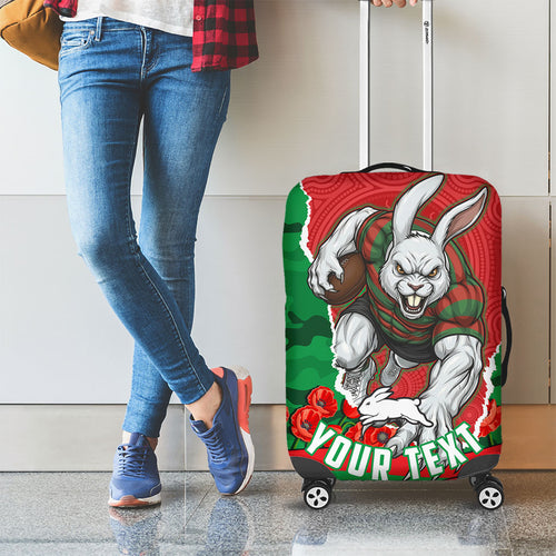 Personalized South Sydney Rabbitohs ANZAC Tribute Luggage Cover Poppy Field Soldier Silhouette Aboriginal Rugby Mascot
