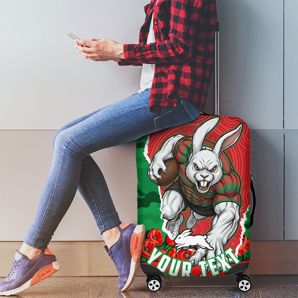 Personalized South Sydney Rabbitohs ANZAC Tribute Luggage Cover Poppy Field Soldier Silhouette Aboriginal Rugby Mascot