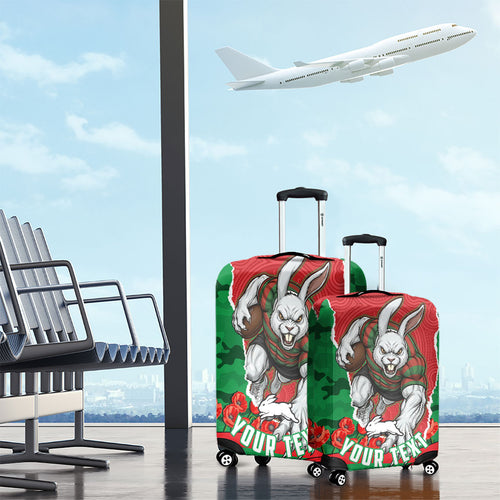 Personalized South Sydney Rabbitohs ANZAC Tribute Luggage Cover Poppy Field Soldier Silhouette Aboriginal Rugby Mascot