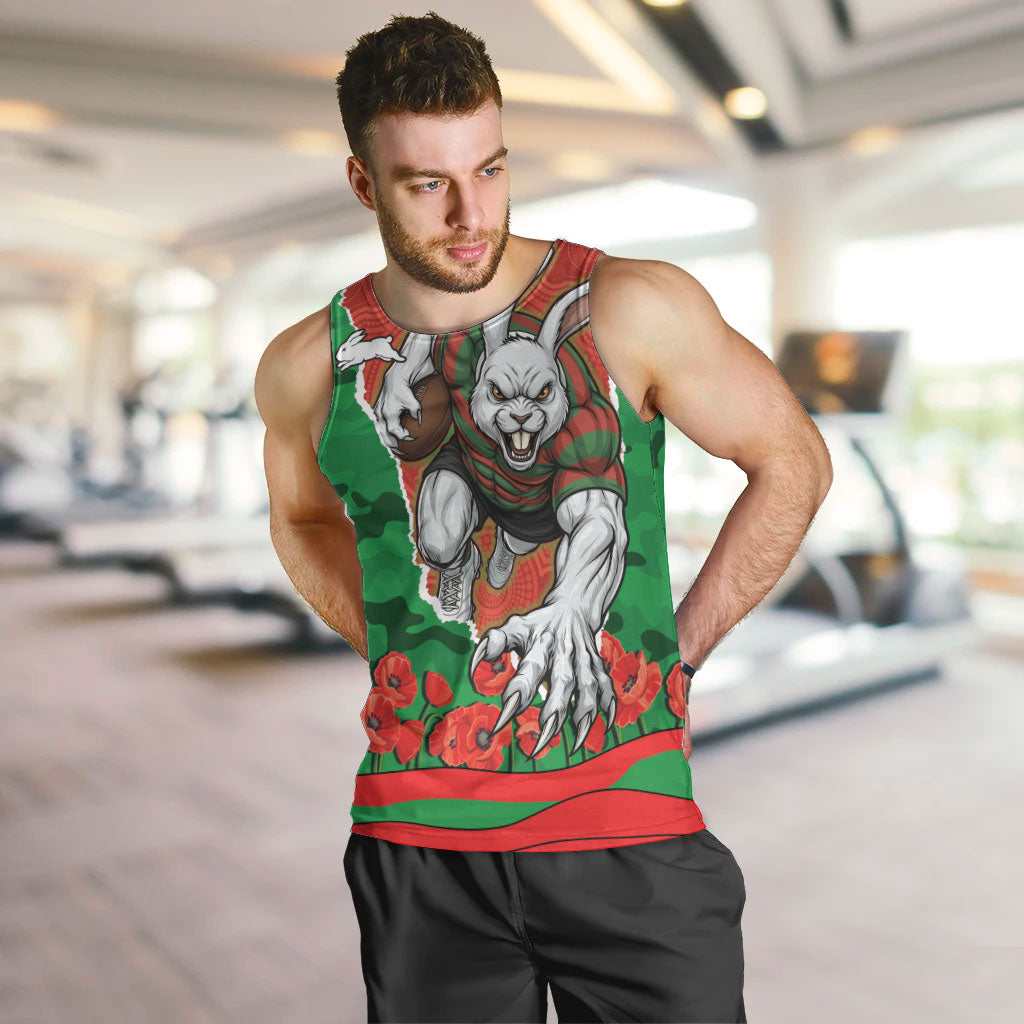 Personalized South Sydney Rabbitohs ANZAC Tribute Men Tank Top Poppy Field Soldier Silhouette Aboriginal Rugby Mascot