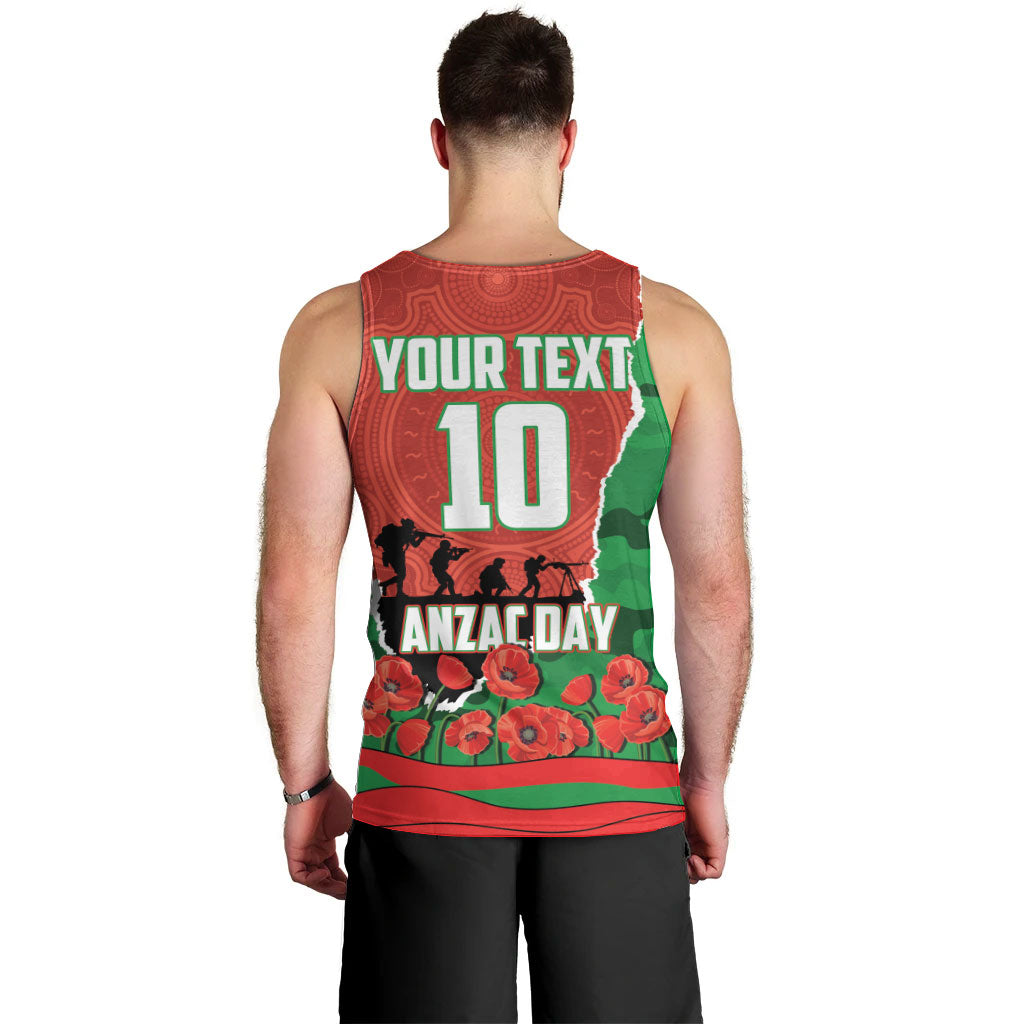 Personalized South Sydney Rabbitohs ANZAC Tribute Men Tank Top Poppy Field Soldier Silhouette Aboriginal Rugby Mascot