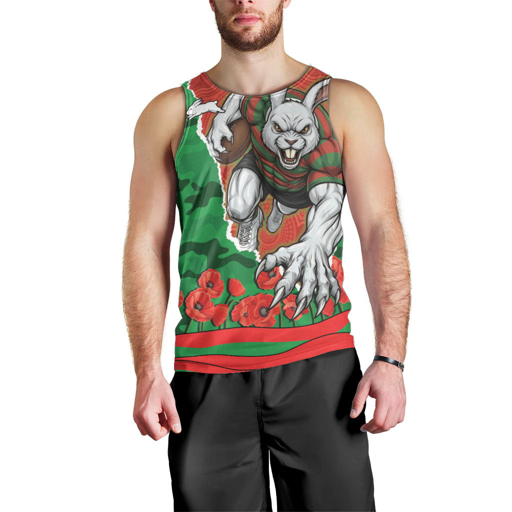 Personalized South Sydney Rabbitohs ANZAC Tribute Men Tank Top Poppy Field Soldier Silhouette Aboriginal Rugby Mascot