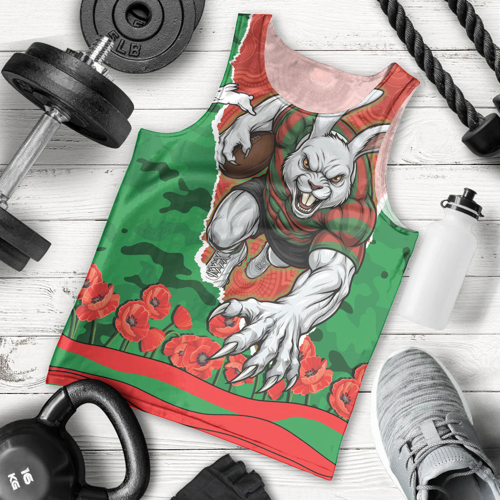 Personalized South Sydney Rabbitohs ANZAC Tribute Men Tank Top Poppy Field Soldier Silhouette Aboriginal Rugby Mascot