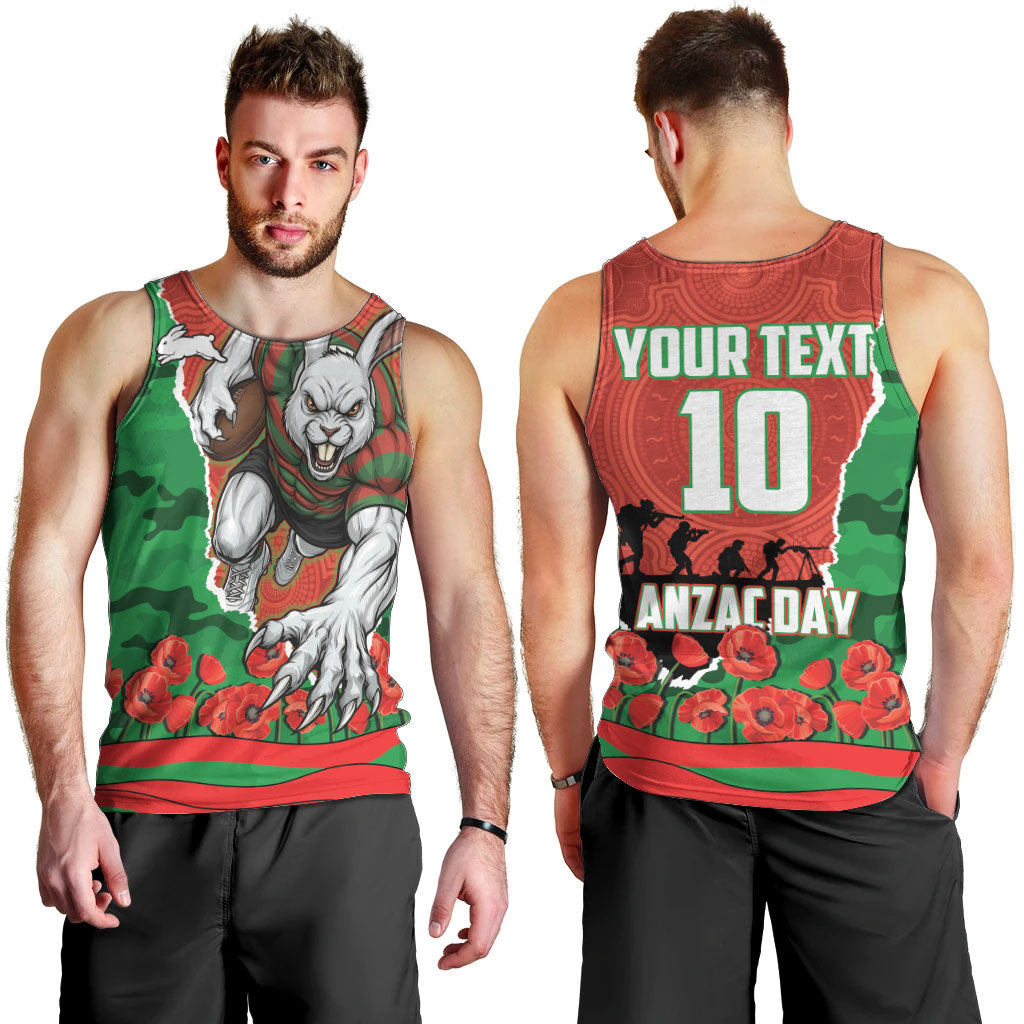 Personalized South Sydney Rabbitohs ANZAC Tribute Men Tank Top Poppy Field Soldier Silhouette Aboriginal Rugby Mascot