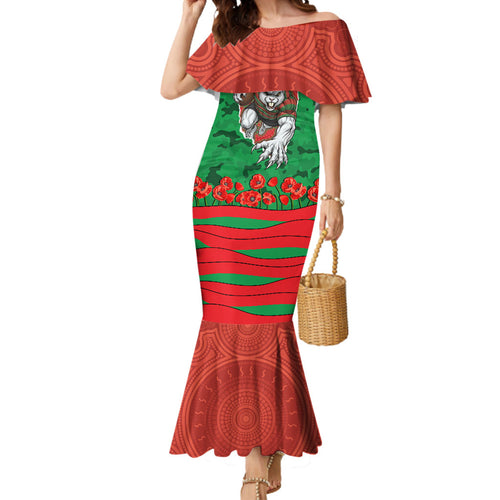 Personalized South Sydney Rabbitohs ANZAC Tribute Mermaid Dress Poppy Field Soldier Silhouette Aboriginal Rugby Mascot