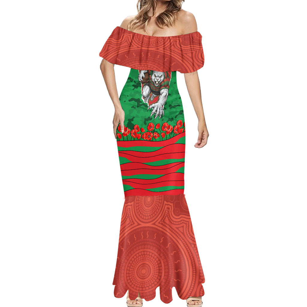 Personalized South Sydney Rabbitohs ANZAC Tribute Mermaid Dress Poppy Field Soldier Silhouette Aboriginal Rugby Mascot