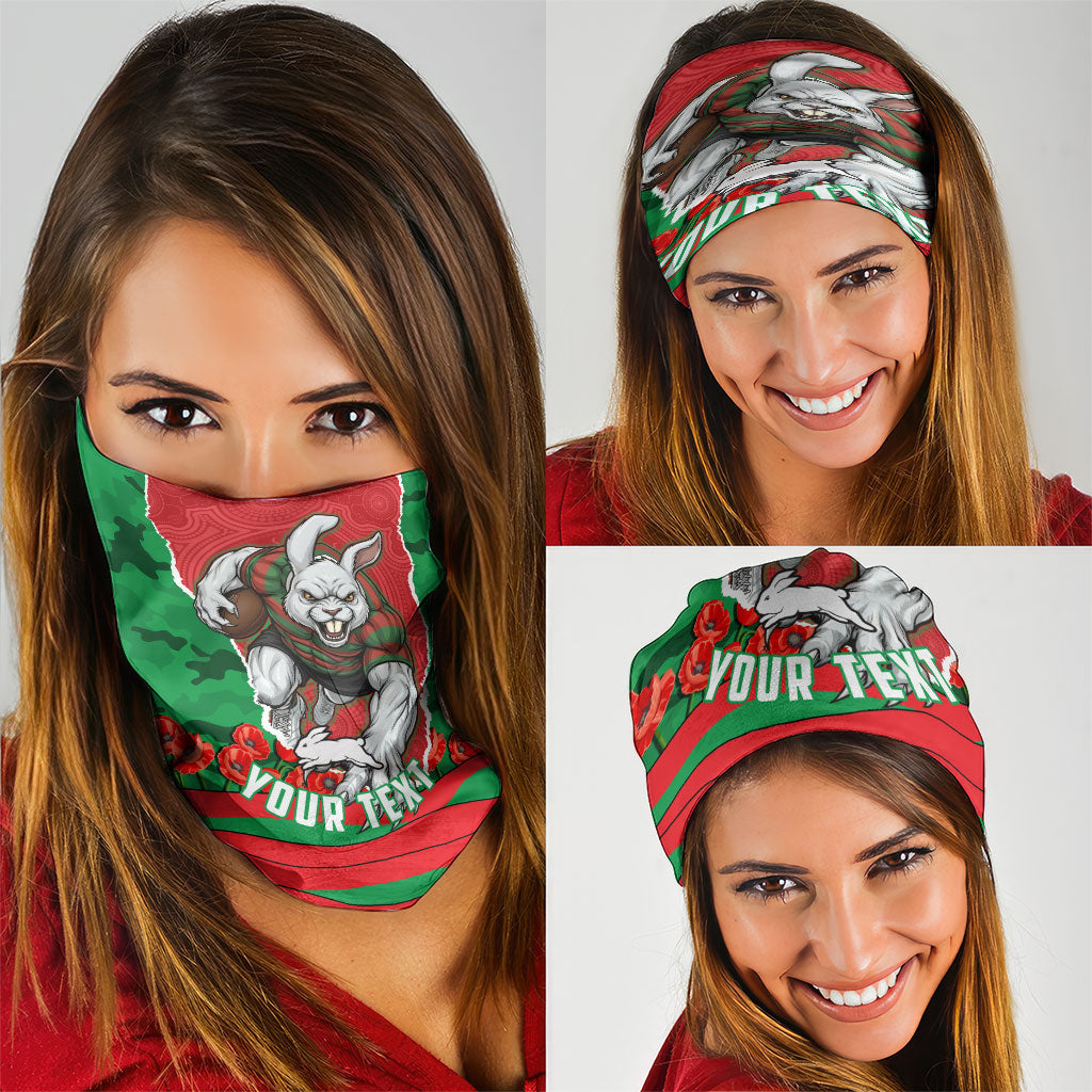 Personalized South Sydney Rabbitohs ANZAC Tribute Neck Gaiter Poppy Field Soldier Silhouette Aboriginal Rugby Mascot