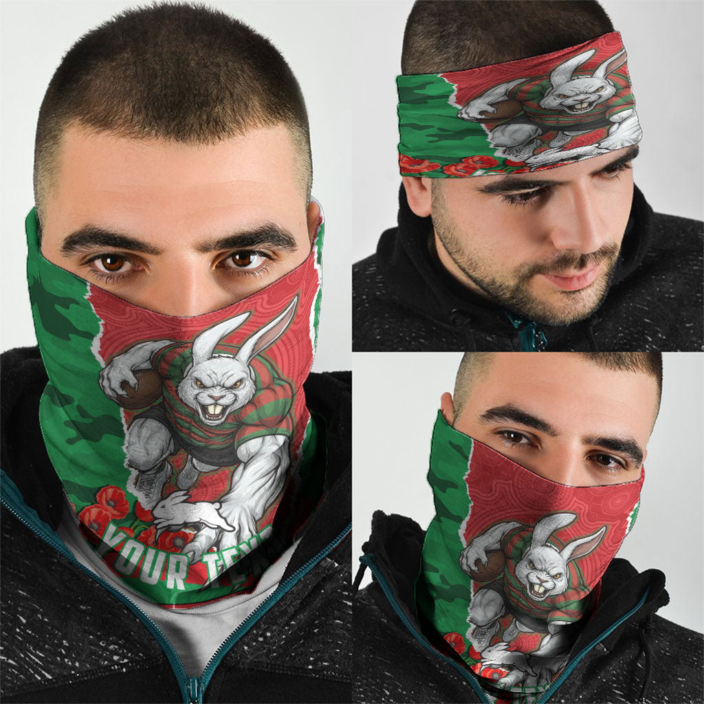 Personalized South Sydney Rabbitohs ANZAC Tribute Neck Gaiter Poppy Field Soldier Silhouette Aboriginal Rugby Mascot