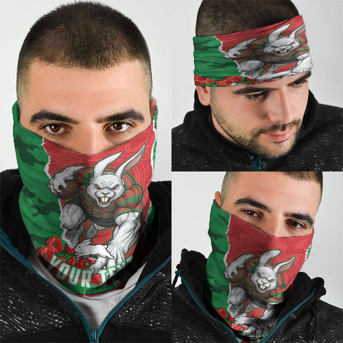 Personalized South Sydney Rabbitohs ANZAC Tribute Neck Gaiter Poppy Field Soldier Silhouette Aboriginal Rugby Mascot