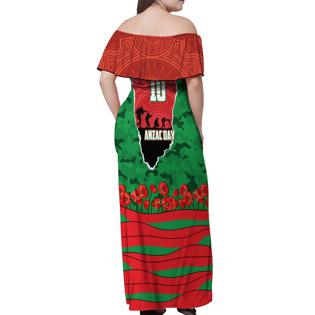 Personalized South Sydney Rabbitohs ANZAC Tribute Off Shoulder Maxi Dress Poppy Field Soldier Silhouette Aboriginal Rugby Mascot