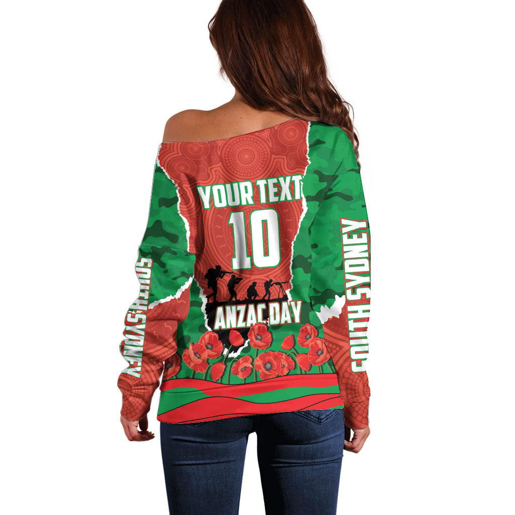 Personalized South Sydney Rabbitohs ANZAC Tribute Off Shoulder Sweater Poppy Field Soldier Silhouette Aboriginal Rugby Mascot