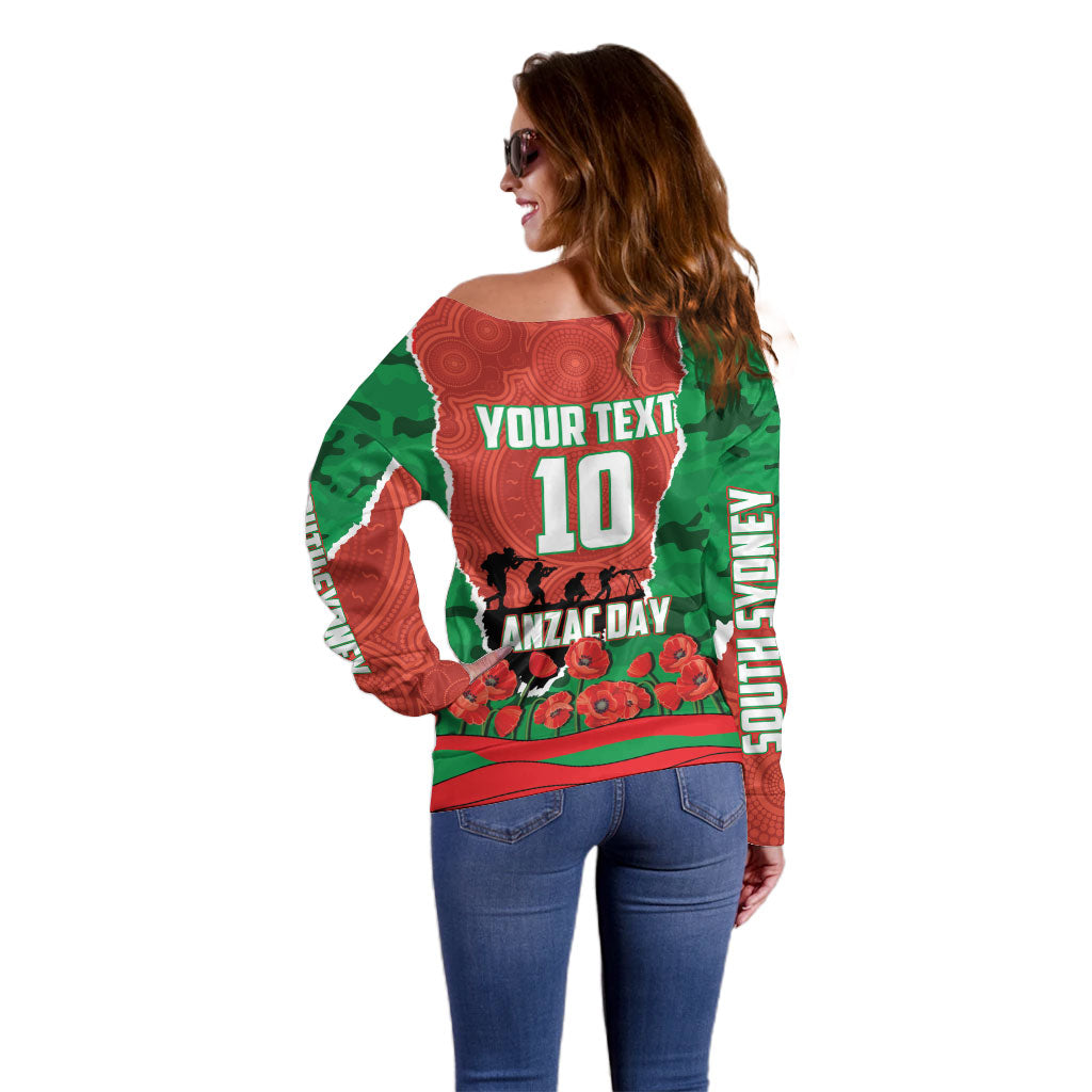 Personalized South Sydney Rabbitohs ANZAC Tribute Off Shoulder Sweater Poppy Field Soldier Silhouette Aboriginal Rugby Mascot