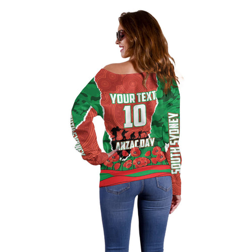 Personalized South Sydney Rabbitohs ANZAC Tribute Off Shoulder Sweater Poppy Field Soldier Silhouette Aboriginal Rugby Mascot