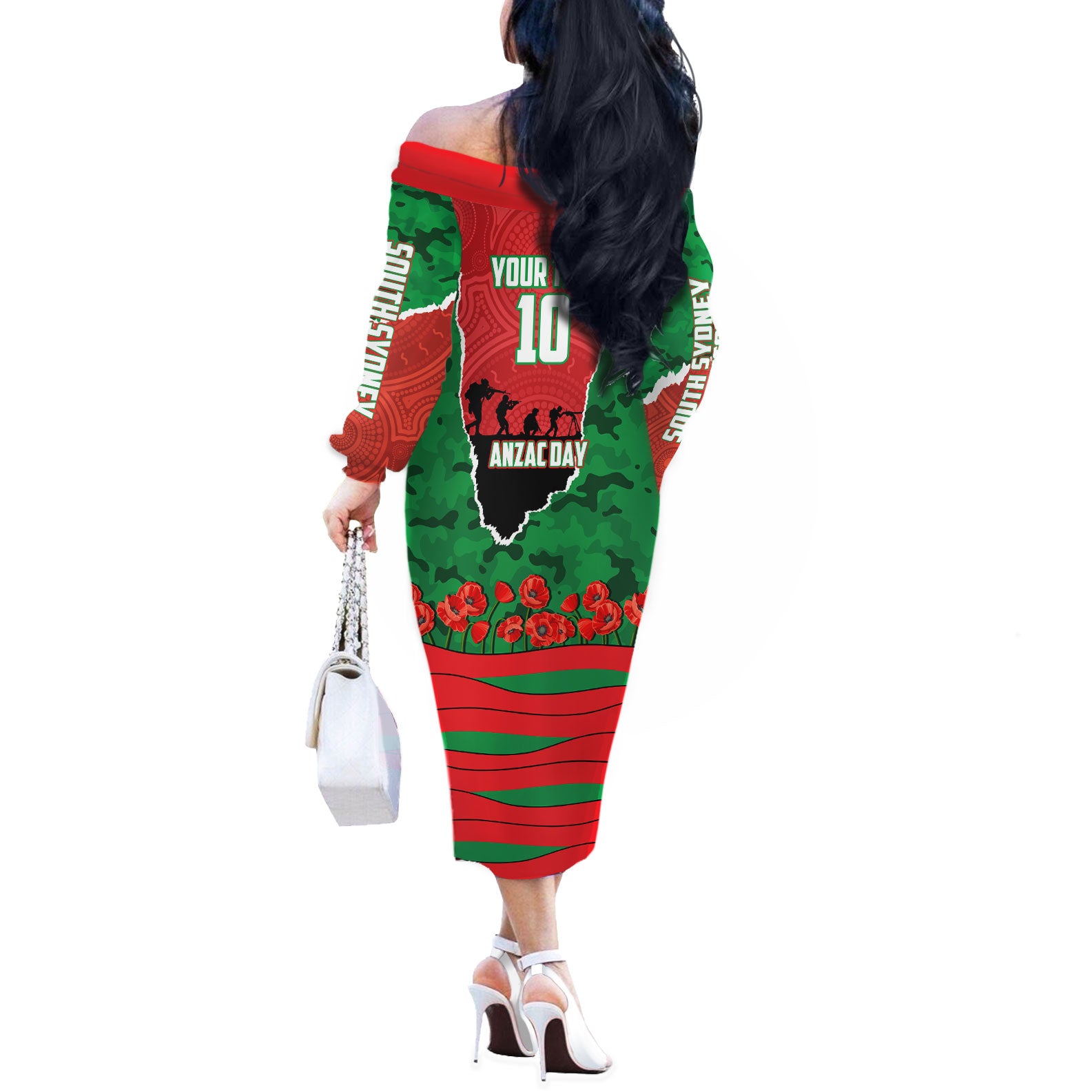 Personalized South Sydney Rabbitohs ANZAC Tribute Off The Shoulder Long Sleeve Dress Poppy Field Soldier Silhouette Aboriginal Rugby Mascot
