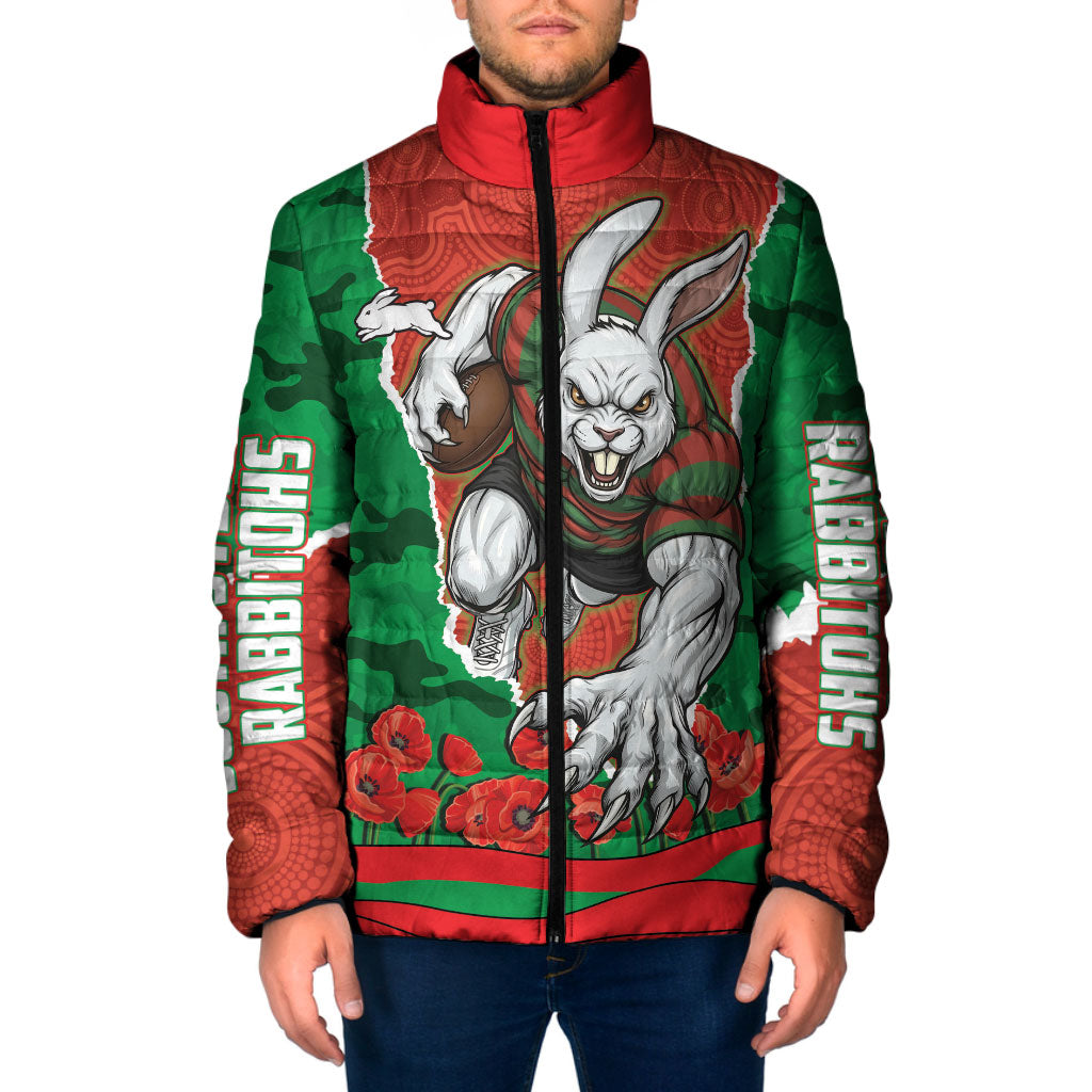 Personalized South Sydney Rabbitohs ANZAC Tribute Padded Jacket Poppy Field Soldier Silhouette Aboriginal Rugby Mascot