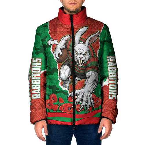 Personalized South Sydney Rabbitohs ANZAC Tribute Padded Jacket Poppy Field Soldier Silhouette Aboriginal Rugby Mascot