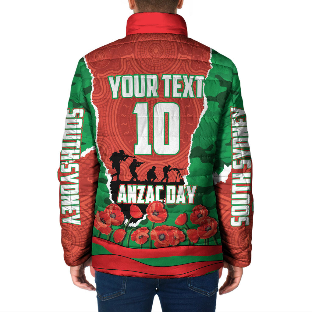 Personalized South Sydney Rabbitohs ANZAC Tribute Padded Jacket Poppy Field Soldier Silhouette Aboriginal Rugby Mascot