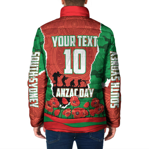 Personalized South Sydney Rabbitohs ANZAC Tribute Padded Jacket Poppy Field Soldier Silhouette Aboriginal Rugby Mascot