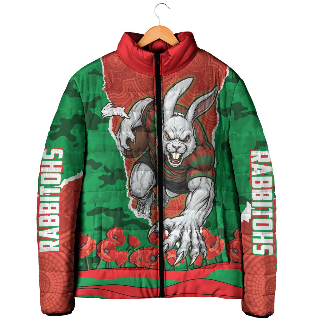 Personalized South Sydney Rabbitohs ANZAC Tribute Padded Jacket Poppy Field Soldier Silhouette Aboriginal Rugby Mascot