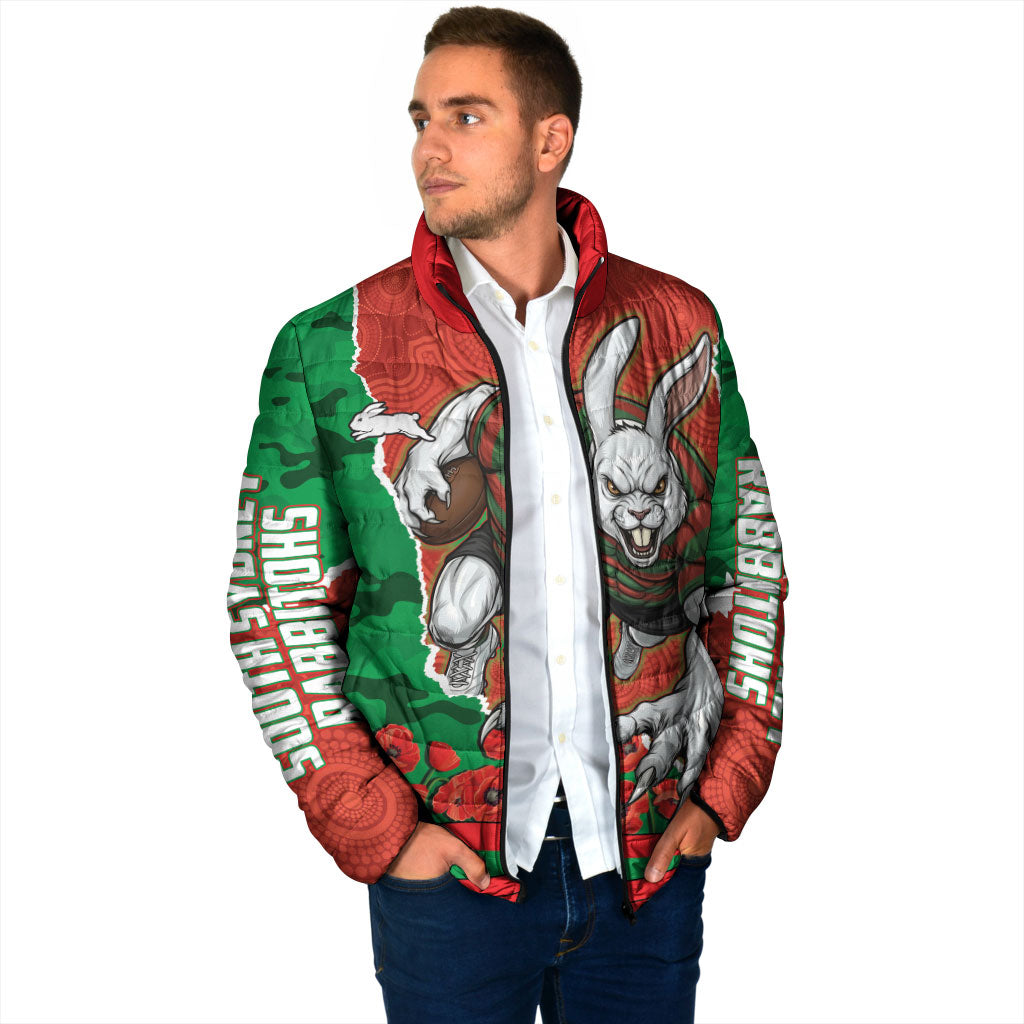 Personalized South Sydney Rabbitohs ANZAC Tribute Padded Jacket Poppy Field Soldier Silhouette Aboriginal Rugby Mascot