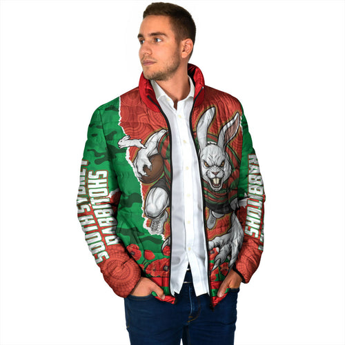 Personalized South Sydney Rabbitohs ANZAC Tribute Padded Jacket Poppy Field Soldier Silhouette Aboriginal Rugby Mascot