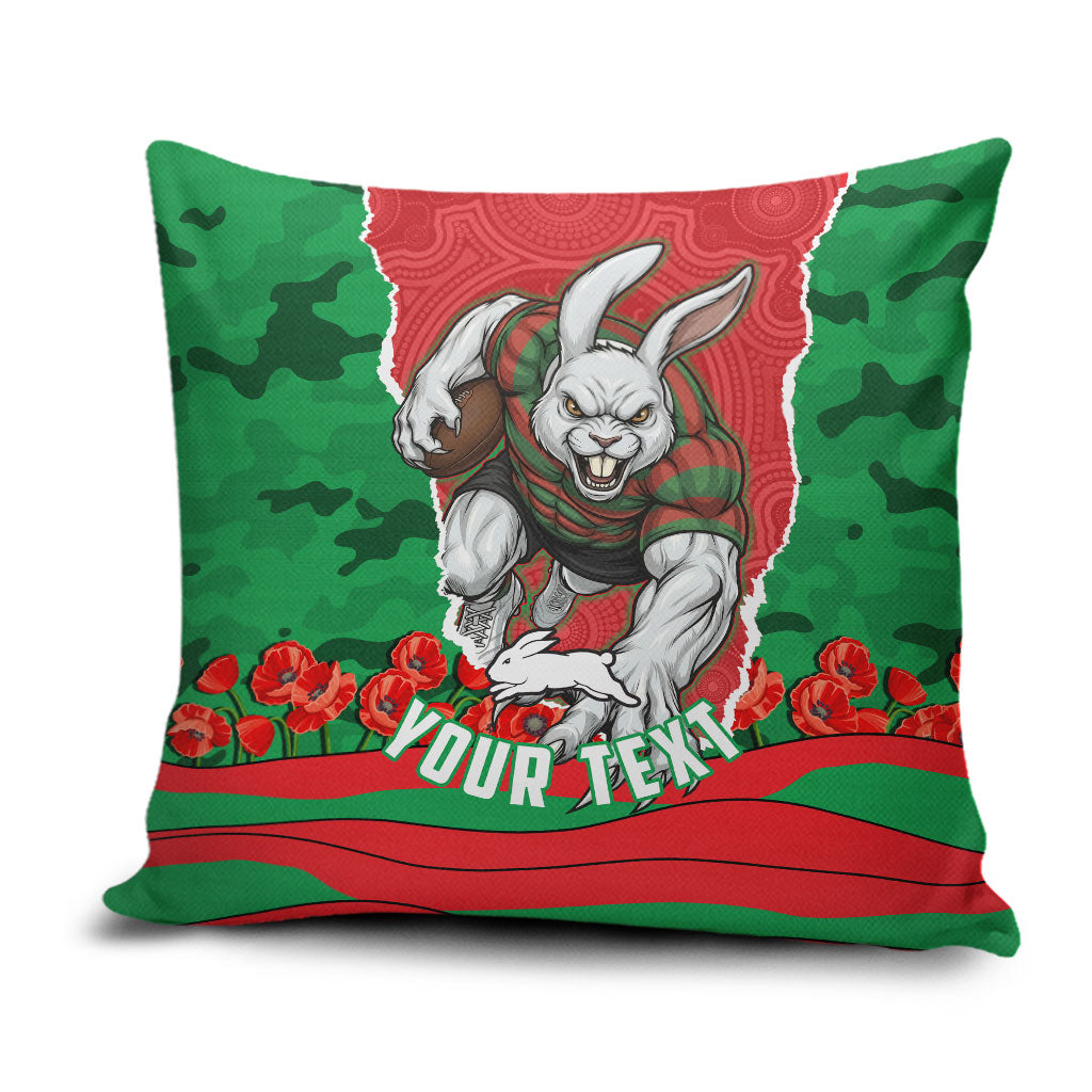 Personalized South Sydney Rabbitohs ANZAC Tribute Pillow Cover Poppy Field Soldier Silhouette Aboriginal Rugby Mascot