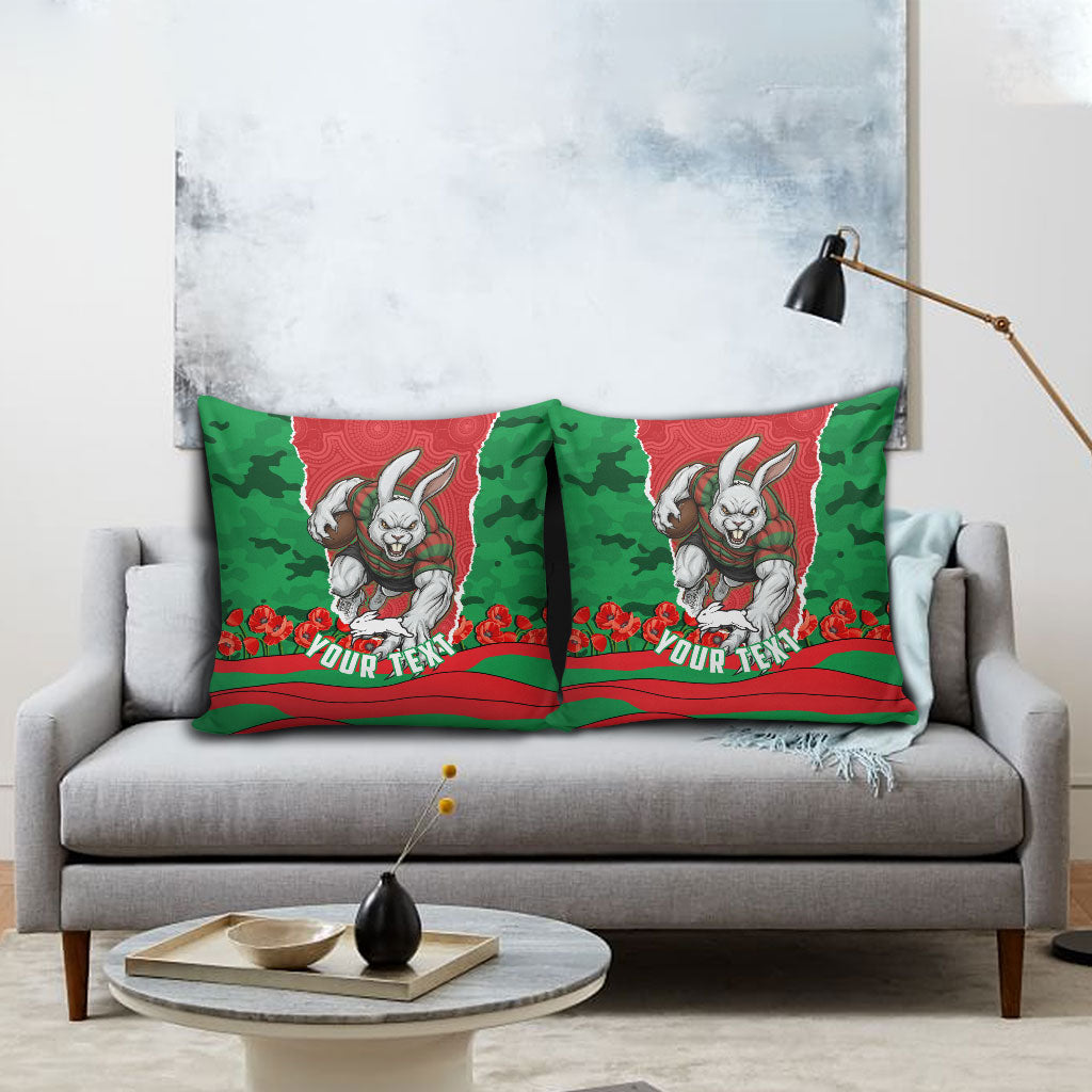 Personalized South Sydney Rabbitohs ANZAC Tribute Pillow Cover Poppy Field Soldier Silhouette Aboriginal Rugby Mascot