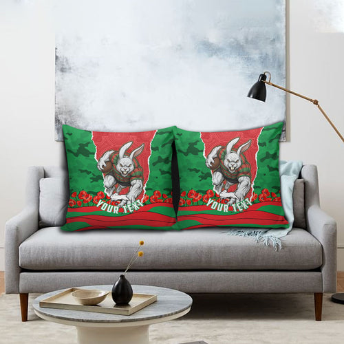 Personalized South Sydney Rabbitohs ANZAC Tribute Pillow Cover Poppy Field Soldier Silhouette Aboriginal Rugby Mascot