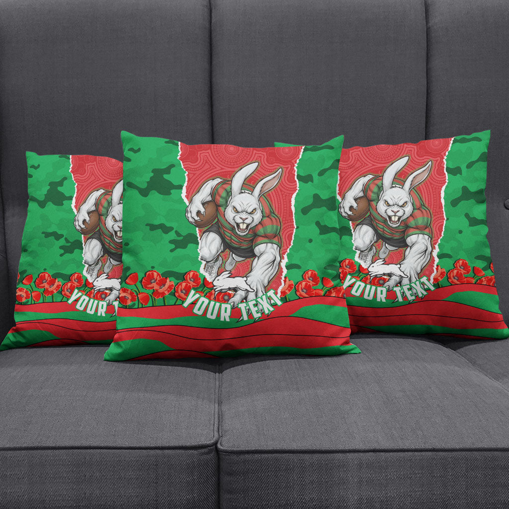 Personalized South Sydney Rabbitohs ANZAC Tribute Pillow Cover Poppy Field Soldier Silhouette Aboriginal Rugby Mascot
