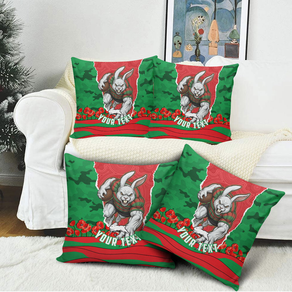 Personalized South Sydney Rabbitohs ANZAC Tribute Pillow Cover Poppy Field Soldier Silhouette Aboriginal Rugby Mascot