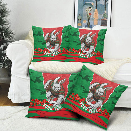 Personalized South Sydney Rabbitohs ANZAC Tribute Pillow Cover Poppy Field Soldier Silhouette Aboriginal Rugby Mascot