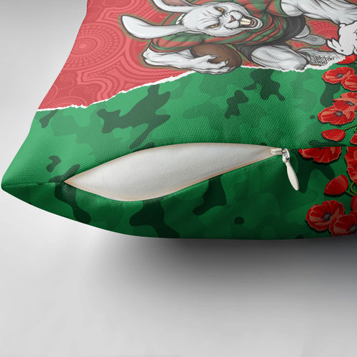 Personalized South Sydney Rabbitohs ANZAC Tribute Pillow Cover Poppy Field Soldier Silhouette Aboriginal Rugby Mascot
