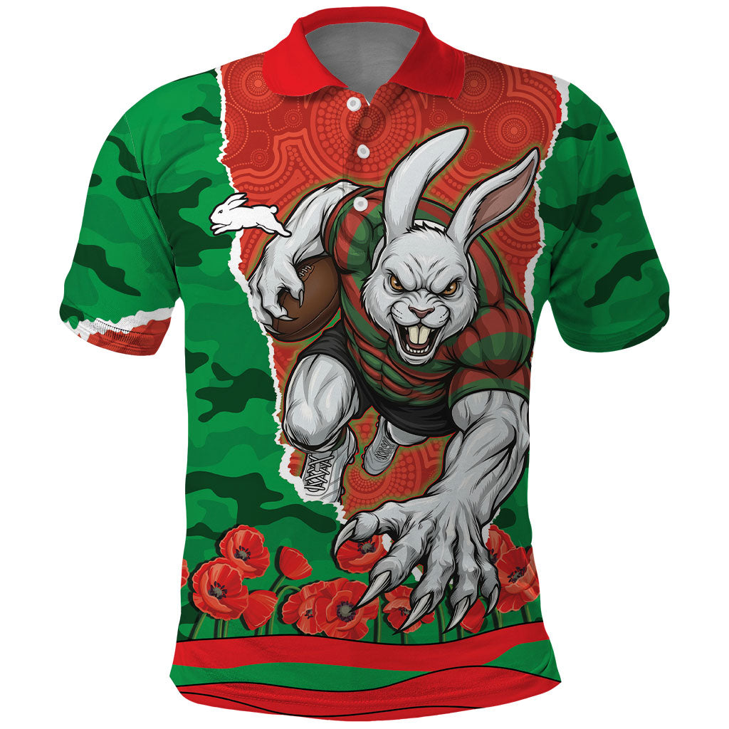 Personalized South Sydney Rabbitohs ANZAC Tribute Polo Shirt Poppy Field Soldier Silhouette Aboriginal Rugby Mascot