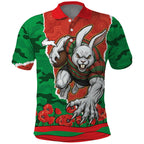 Personalized South Sydney Rabbitohs ANZAC Tribute Polo Shirt Poppy Field Soldier Silhouette Aboriginal Rugby Mascot