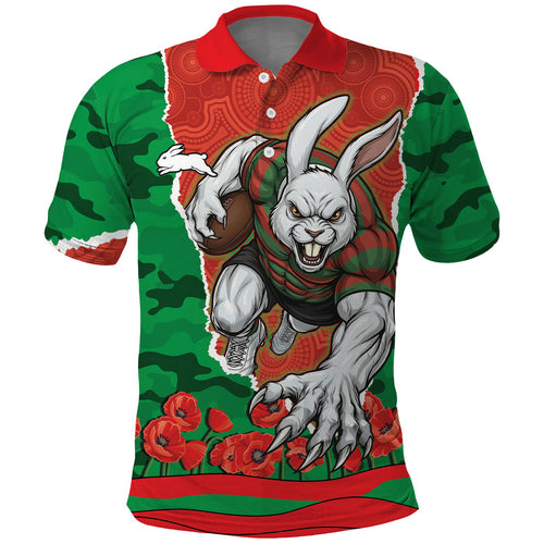 Personalized South Sydney Rabbitohs ANZAC Tribute Polo Shirt Poppy Field Soldier Silhouette Aboriginal Rugby Mascot