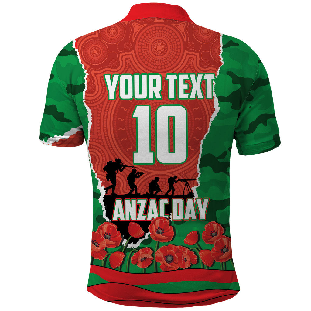 Personalized South Sydney Rabbitohs ANZAC Tribute Polo Shirt Poppy Field Soldier Silhouette Aboriginal Rugby Mascot