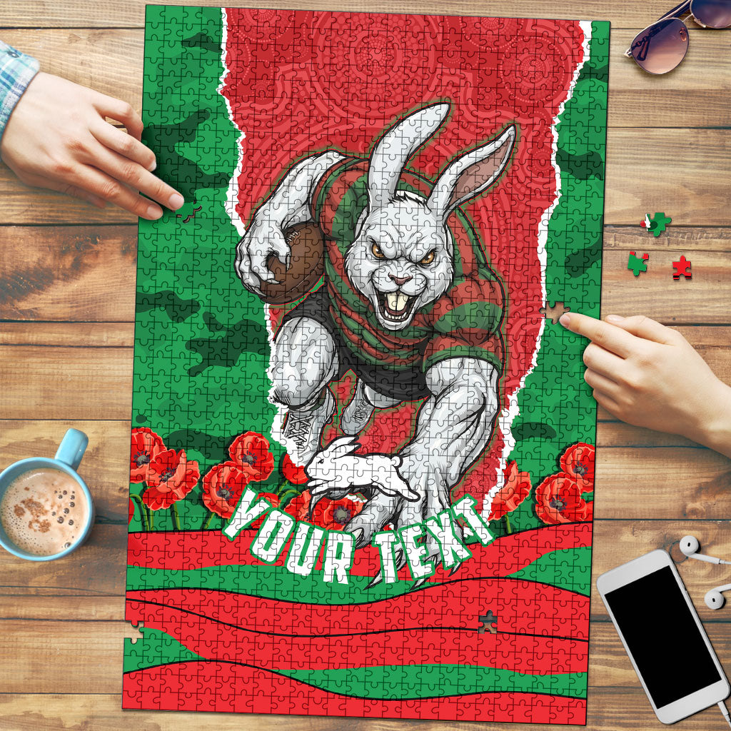 Personalized South Sydney Rabbitohs ANZAC Tribute Puzzle Poppy Field Soldier Silhouette Aboriginal Rugby Mascot