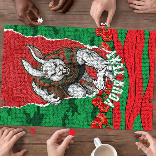 Personalized South Sydney Rabbitohs ANZAC Tribute Puzzle Poppy Field Soldier Silhouette Aboriginal Rugby Mascot