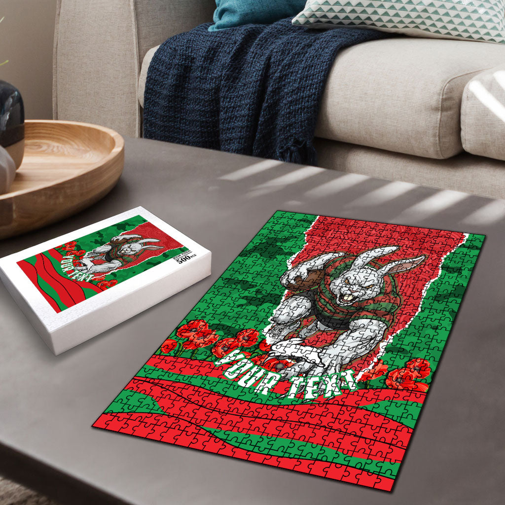 Personalized South Sydney Rabbitohs ANZAC Tribute Puzzle Poppy Field Soldier Silhouette Aboriginal Rugby Mascot