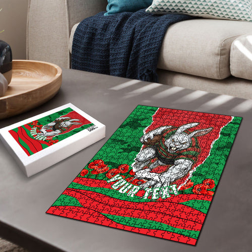 Personalized South Sydney Rabbitohs ANZAC Tribute Puzzle Poppy Field Soldier Silhouette Aboriginal Rugby Mascot