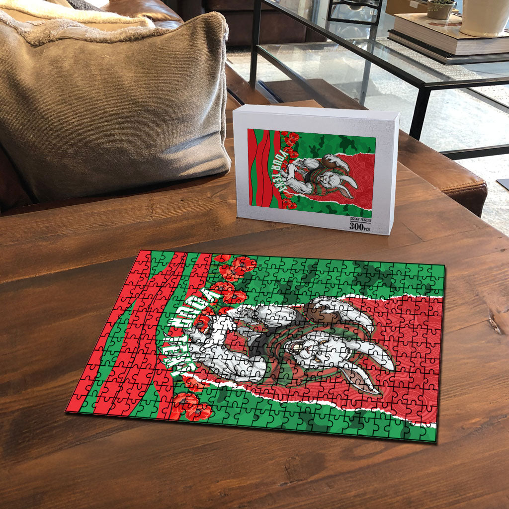 Personalized South Sydney Rabbitohs ANZAC Tribute Puzzle Poppy Field Soldier Silhouette Aboriginal Rugby Mascot