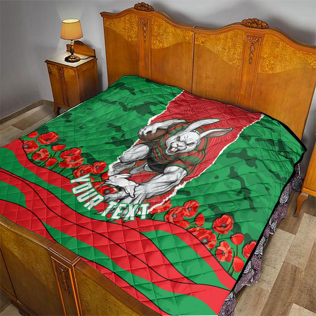 Personalized South Sydney Rabbitohs ANZAC Tribute Quilt Poppy Field Soldier Silhouette Aboriginal Rugby Mascot