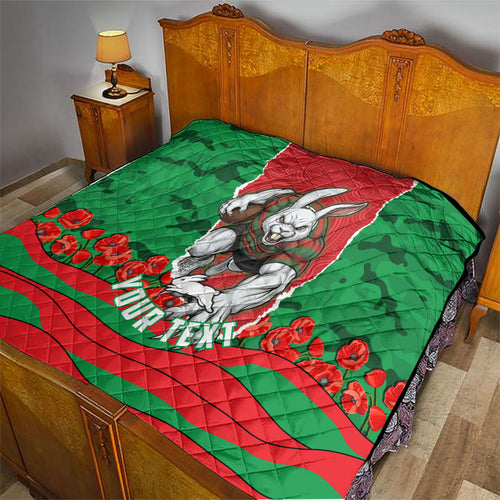 Personalized South Sydney Rabbitohs ANZAC Tribute Quilt Poppy Field Soldier Silhouette Aboriginal Rugby Mascot