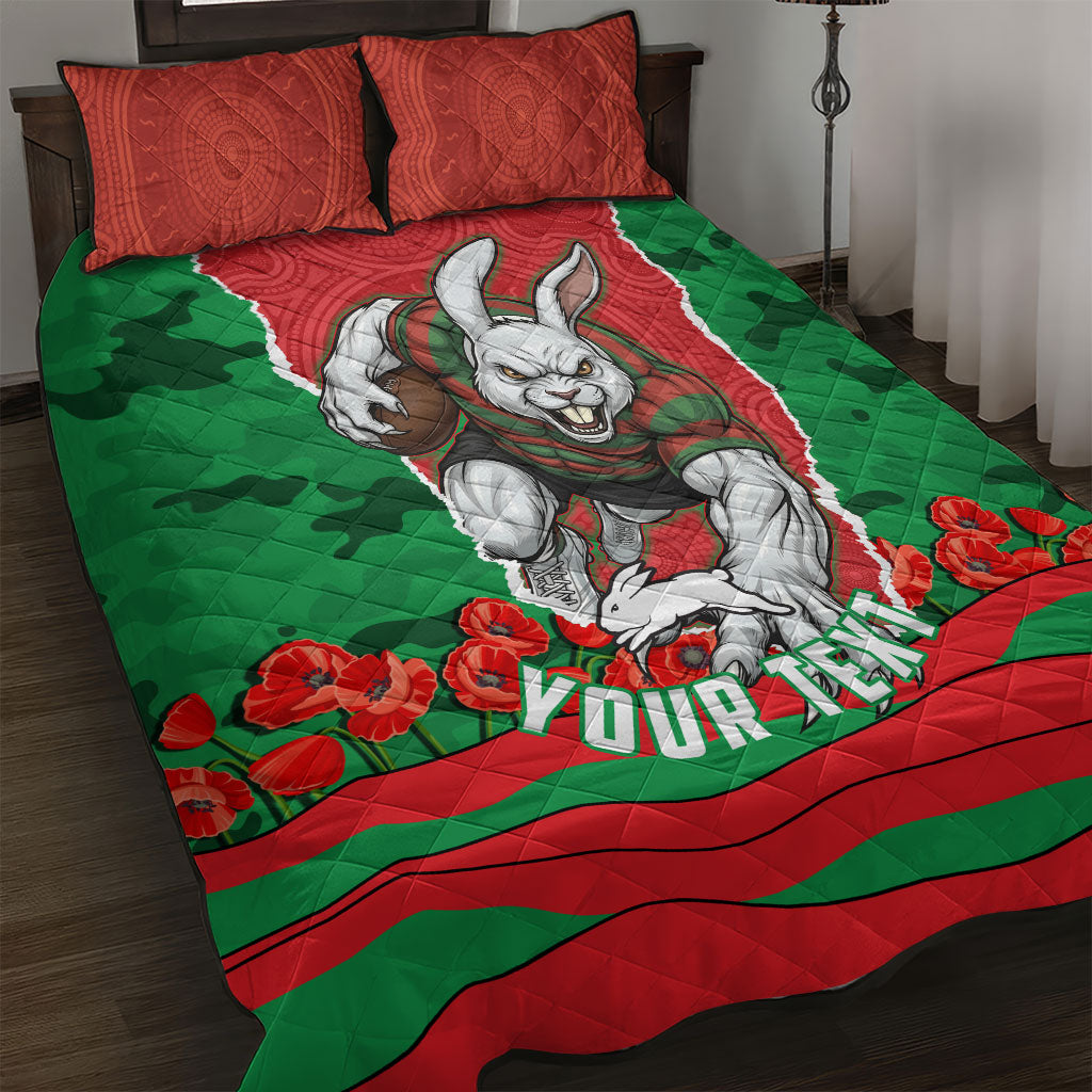 Personalized South Sydney Rabbitohs ANZAC Tribute Quilt Bed Set Poppy Field Soldier Silhouette Aboriginal Rugby Mascot