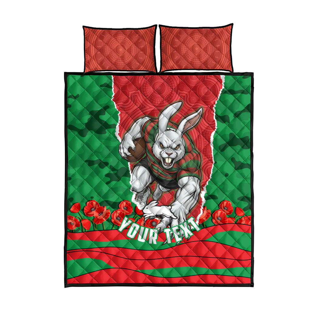 Personalized South Sydney Rabbitohs ANZAC Tribute Quilt Bed Set Poppy Field Soldier Silhouette Aboriginal Rugby Mascot