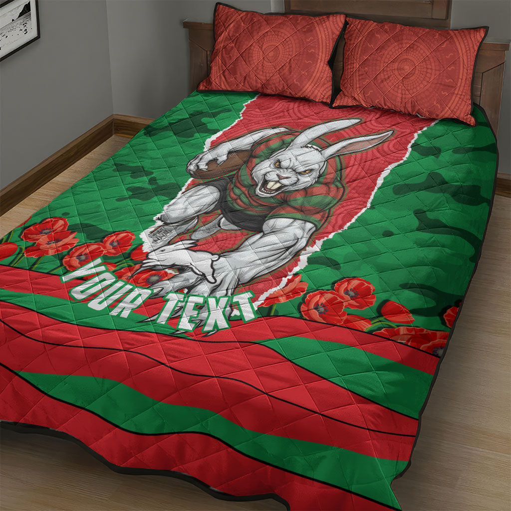 Personalized South Sydney Rabbitohs ANZAC Tribute Quilt Bed Set Poppy Field Soldier Silhouette Aboriginal Rugby Mascot