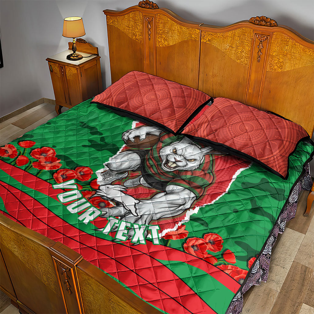 Personalized South Sydney Rabbitohs ANZAC Tribute Quilt Bed Set Poppy Field Soldier Silhouette Aboriginal Rugby Mascot