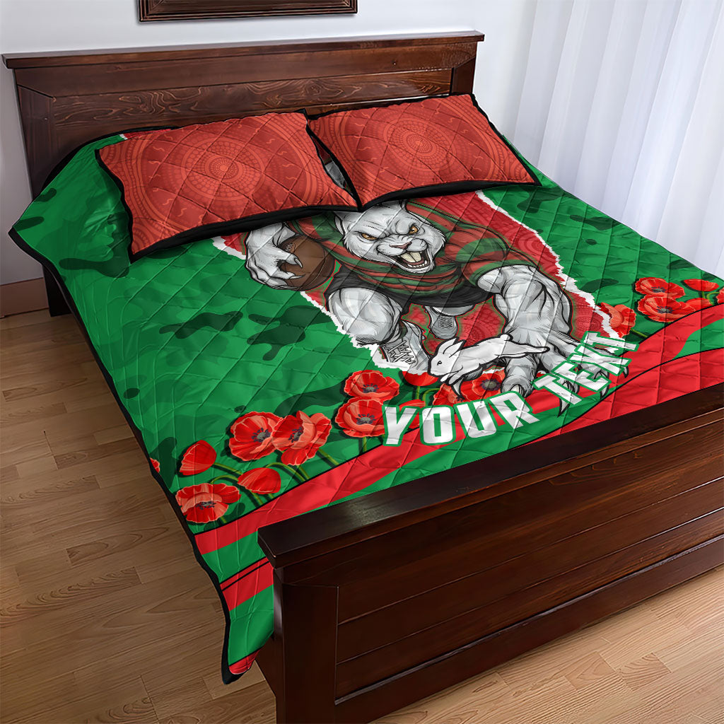 Personalized South Sydney Rabbitohs ANZAC Tribute Quilt Bed Set Poppy Field Soldier Silhouette Aboriginal Rugby Mascot