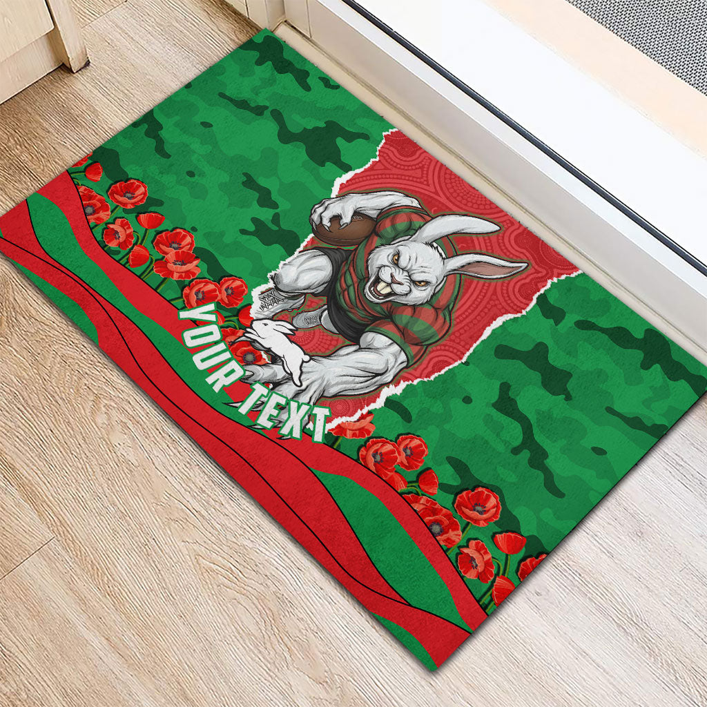 Personalized South Sydney Rabbitohs ANZAC Tribute Rubber Doormat Poppy Field Soldier Silhouette Aboriginal Rugby Mascot