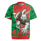 Personalized South Sydney Rabbitohs ANZAC Tribute Rugby Jersey Poppy Field Soldier Silhouette Aboriginal Rugby Mascot